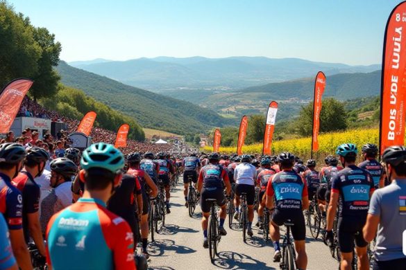 Una escena vibrante que captura la esencia del evento de ciclismo 'Clàssica Penedès. En primer plano, se recogen un grupo diverso de 'ciclistas' en camisetas y cascos coloridos, algunos ajustando sus bicicletas, mientras que otros participan en discusiones animadas. El telón de fondo presenta el pintoresco paisaje 'Vilafranca', con colinas y viñedos que se extienden hacia la distancia debajo de un cielo azul claro. Las pancartas para el evento revolotean en la suave brisa, mostrando la fecha '8 de Juny' prominentemente. A un lado, se establece una pequeña etapa con un podio donde 'Gemma Romeu', el concejal de deportes y turismo, se encuentra con un micrófono, que se dirige a la multitud con entusiasmo. Cerca, se establece un stand etiquetado 'ETIXX', donde un nutricionista está demostrando geles y bebidas energéticas a los participantes interesados. La atmósfera es eléctrica, llena de emoción y anticipación, mientras los ciclistas se preparan para el desafío que se avecina. En el fondo, una multitud de espect