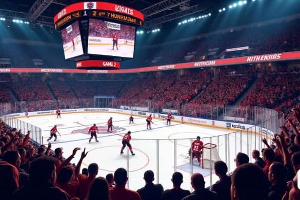 Una escena vibrante que captura la intensidad de un juego de playoffs de la Conferencia Este entre los Florida Panthers y los Huracanes de Carolina. La arena está llena de un mar de fanáticos, algunos con camisetas de 'Panthers' en tonos de 'rojo' y 'negro', mientras que otros orgullosamente lucen 'colores de' naranja 'y' negro '. El marcador cuelga muy por encima del hielo, mostrando 'Panthers 1, Hurricanes 0', con un temporizador que cuenta con el siguiente período. En el hielo, los jugadores están encerrados en acción; Un jugador de 'Panthers', que usa el número 23, se ve hábilmente maniobrando el disco más allá de un defensor de 'huracanes', que está tratando de bloquear el camino. El 'portero' para los Panthers, Sergei Bobrovsky, está en su pliegue, enfocado y listo, con una expresión determinada en su rostro. La atmósfera es eléctrica, con los fanáticos animando en voz alta, agitando 'banderas' y 'letreros' en apoyo de sus equipos. Las brillantes 'luces de arena' iluminan el hielo, reflejando la superfi