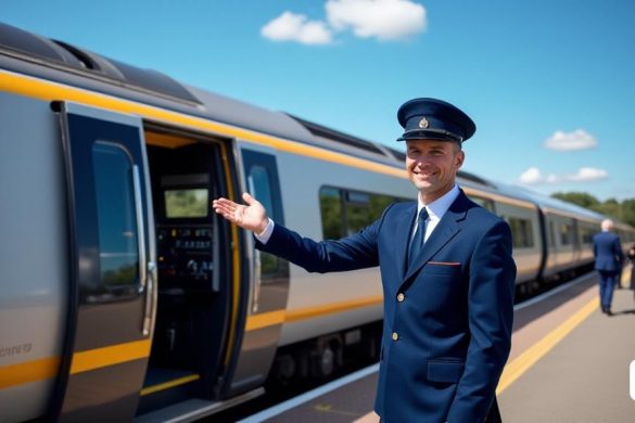Una escena vibrante que captura 'Liam Mackenzie' de 27 años, un conductor de tren para 'Southern Railway', de pie orgullosamente frente a un tren elegante y moderno. El tren, pintado en los colores exclusivos del ferrocarril del sur, brilla bajo la brillante luz del sol, reflejando el cielo azul arriba. Liam está vestido con un uniforme crujiente y azul marino con una gorra a juego, exudando profesionalismo y confianza. Su expresión es de entusiasmo y orgullo mientras se dirige hacia los controles del tren, que son visibles a través de la puerta abierta de la cabina del conductor. Dentro de la cabina, se puede ver una variedad de botones, palancas y pantallas, mostrando el 'entrenamiento intensivo' que sufrió. El fondo presenta una plataforma ferroviaria bien mantenida con algunos pasajeros esperando, sus caras llenas de anticipación. Un letrero que indica que el próximo destino del tren cuelga cerca, que se suma a la atmósfera de viajes y aventuras. La escena captura no solo la dedicación de Liam a su trabaj