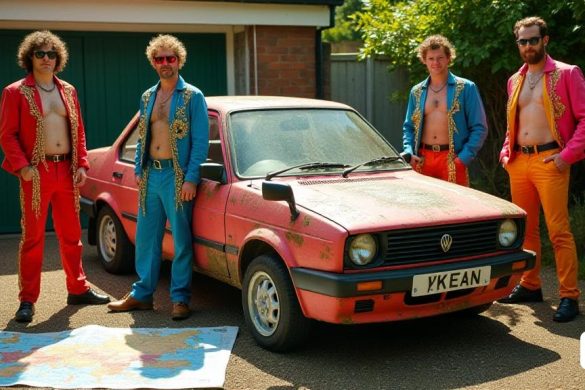 Una escena vibrante que representa a cuatro hombres de Nottinghamshire, vestidos con coloridos disfraces del 'equipo A', de pie con orgullo junto a su 'automóvil barato' que compraron por £ 500. El automóvil, ligeramente desgastado y cubierto de parches de vegetación 'cubierta', está estacionado en un camino de entrada de sol, insinuando su reciente rescate de la negligencia. Cada hombre muestra un atuendo único: uno usa una 'peluca' adornada con 'cadenas de oro', otro luce una sonrisa segura, mientras que los demás encarnan el espíritu juguetón de su tema. En el fondo, se extiende un mapa de Europa, con rutas marcadas que destacan su ambicioso viaje '3.500 millas'. El ambiente está lleno de emoción y camaradería, mientras se preparan para su aventura para honrar a una joven que perdió su batalla con el "cáncer cerebral". El escenario es animado, con indicios de la próxima 'Rally Dumball' y el espíritu de caridad para el 'Teenage Cancer Trust' evidente en sus expresiones.