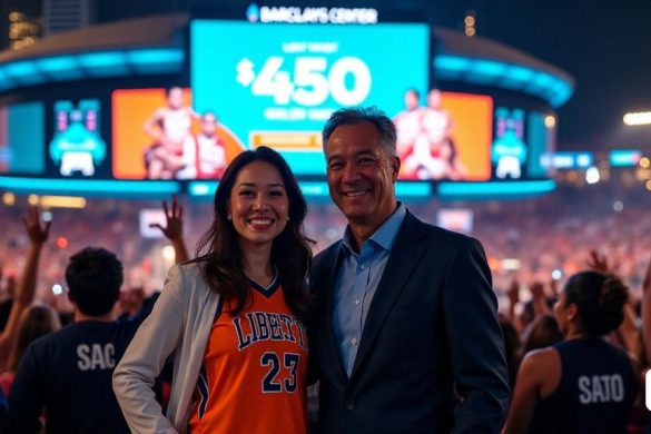 Una escena vibrante que representa a los propietarios de la Libertad de Nueva York, 'Clara Wu Tsai' y 'Joe Tsai', de pie orgullosamente frente al Centro Barclays. La arena está iluminada con luces brillantes, mostrando los colores del equipo de 'Liberty Blue' y 'Orange'. Los fanáticos en el fondo usan camisetas 'Liberty', animando con entusiasmo, creando una atmósfera eléctrica. El icónico horizonte de Brooklyn es visible en la distancia, con el 'puente de Williamsburg' que se suma al encanto urbano. En primer plano, una gran pantalla digital muestra los logros recientes del equipo, incluida su valoración récord de '$ 450 millones'. Los propietarios están sonriendo, exudando confianza y determinación, representando el crecimiento de la franquicia y las aspiraciones futuras. La imagen captura un momento de celebración y esperanza, reflejando el viaje del equipo de un 'activo angustiado' a una potencia en el deporte femenino.