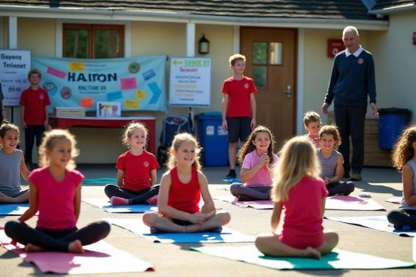 Una escena vibrante que representa a un grupo de entusiastas alumnos de la escuela primaria de Cottingham Primary, cerca de Corby, participando en diversas actividades que promueven la 'salud mental' y el 'bienestar'. En primer plano, un grupo diverso de estudiantes de año seis, tanto niños como niñas, participan alegremente en una sesión de yoga dirigida por su administradora escolar, Carolynn Southcombe. Los niños están vestidos con ropa deportiva colorida, con algunos sentados con las piernas cruzadas en esteras de yoga, mientras que otros están parados en varias poses, mostrando su enfoque y determinación. El fondo presenta un brillante y soleado parque escolar adornado con pancartas de 'escuelas saludables', simbolizando su viaje hacia el logro del 'premio de oro'. Cerca, una mesa está configurada con una caja de donación para el banco de alimentos, rodeada de espeluznantes carteles creados por los estudiantes, enfatizando el "apoyo" y el "apoyo comunitario". En otra esquina, se ve a un pequeño grupo de