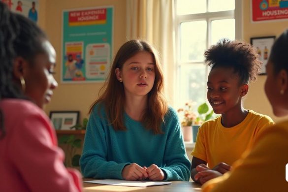 Una escena vibrante que representa a un grupo de jóvenes involucrados en una discusión animada en una habitación acogedora y bien iluminada. Las paredes están adornadas con carteles coloridos que promueven problemas de 'educación' y 'vivienda', lo que refleja los temas de su conversación. En el centro, una niña de 16 años llamada Emily, con cabello castaño hasta los hombros y con un suéter azul casual, expresa sus preocupaciones sobre el mercado inmobiliario 'caro', su expresión una mezcla de determinación y tristeza. A su lado, una niña de 14 años llamada Bella, con el pelo rizado atado y vestido con una parte superior amarilla brillante, escucha con atención, su ceño fruncido en el pensamiento mientras contempla la importancia de las oportunidades educativas "iguales". La atmósfera está llena de un sentido de urgencia y esperanza, ya que el grupo discute la necesidad de "campaña respetuosa" entre los candidatos políticos. Una gran ventana permite que la luz natural, iluminando sus caras y creando un ambient