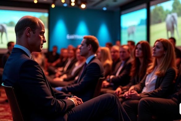 Una escena vibrante que representa al Príncipe William en un evento de proyección en un elegante hotel central de Londres. La sala está llena de una audiencia de periodistas y entusiastas de la vida silvestre, todo cautivado por la proyección de la nueva serie documental de vida silvestre 'Guardianes'. Las paredes están adornadas con grandes pantallas que muestran imágenes impresionantes de 'animales en peligro de extinción' en sus hábitats naturales, destacando el trabajo de los 'Rangers'. El Príncipe William, vestido con un traje de la Armada inteligente, está sentado entre los asistentes, su expresión de una mezcla de pasión y determinación mientras discute la importancia de la conservación de la vida silvestre. La atmósfera está encargada de emoción y anticipación, ya que la audiencia se inclina hacia adelante, ansiosa por absorber el mensaje de esperanza y la urgente necesidad de 'iniciativas comunitarias' para proteger el mundo natural. En el fondo, un estandarte para el 'Premio Earthshot' enfatiza suti