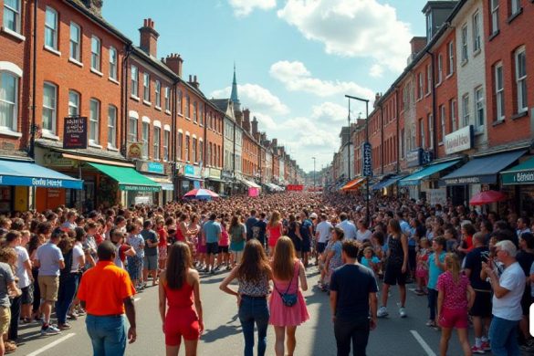 Una escena vibrante que representa el 'carnaval de Luton', que muestra a una multitud diversa de miles celebrando el tema 'Volver al futuro'. Las calles están llenas de coloridos carrozas y participantes vestidos con disfraces elaborados, reflejando la cultura africana-caribeña. El desfile comienza en 'Church Street', atravesando 'George Street' y más allá del 'Ayuntamiento', con bailarines y músicos alegres creando un ambiente animado. Las familias se reúnen en 'St George's Square', donde se proporciona el entretenimiento, y los niños participan en actividades como 'Astro Aaron's Space Bull Off Adventure'. La 'zona de enfriamiento' ofrece un espacio sereno en medio de la emoción, mientras que la 'zona acústica' presenta actuaciones de 'Steel Pan in Motion' y 'UFO Steelband'. El telón de fondo incluye carreteras cerradas, con letreros que indican la ruta del carnaval y los voluntarios que ayudan a los asistentes. El ambiente general es de celebración, comunidad y riqueza cultural, que encarna el espíritu de L