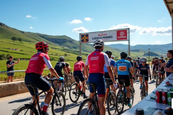 Una escena vibrante que representa el evento de ciclismo 'Clàssica Penedès, ubicado en el pintoresco telón de fondo de la región de Penedès. La imagen captura un día soleado con cielos azules claros, salpicados de algunas 'nubes blancas' esponjosas. En primer plano, un grupo de ciclistas entusiastas en coloridos 'camisetas y cascos de ciclismo se recogen, sus bicicletas brillan a la luz del sol. Están charlando animadamente, algunos ajustando su equipo, mientras que otros beben de botellas de agua 'Etixx'. Detrás de ellos, una gran pancarta que muestra el nombre del evento, 'Clàssica Penedès', fluta en la suave brisa. A un lado, una mesa está configurada con materiales promocionales y cápsulas de café 'Novell', latas 'amstel' y geles energéticos, todos parte de la 'bolsa del ciclista' que recibirán los participantes. En el fondo, se extienden colinas cubiertas de exuberantes viñedos verdes, simbolizando la rica cultura del vino de la zona. Algunos espectadores, incluidas familias y amigos, son vistos vitorean