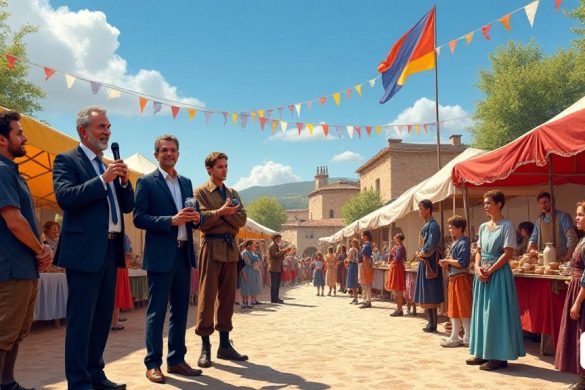 Una escena vibrante que representa el evento de recreación histórico 'Torrebesses 1427: Els Senyors Feudals, Venda I Alliberament de la Vila'. En primer plano, tres figuras clave están orgullosamente: 'Agustí Jiménez', el vicepresidente del 'Diputació de Lleida', con un traje formal y sosteniendo un micrófono, dirigiéndose apasionadamente a la audiencia. A su lado, 'Mario Urrea', el alcalde de 'Torrebesses', vestido con un atuendo informal inteligente, asiente de acuerdo, mientras que 'Virtuts Fernàndez', el concejal de 'cultura y turismo', tiene una sonrisa acogedora, con un folleto para el evento. Detrás de ellos, una pancarta colorida agita en la brisa, estampada con el título y la fecha del evento. En el fondo, se desarrolla una animada escena del mercado medieval; Los puestos adornados con telas vibrantes muestran productos locales como 'oli', 'formatges', 'melmelades', 'mel', 'xocolates', 'cerveses' y 'orelletes'. Tanto los niños como los adultos se dedican a diversas actividades: una lana de 'Filadora'