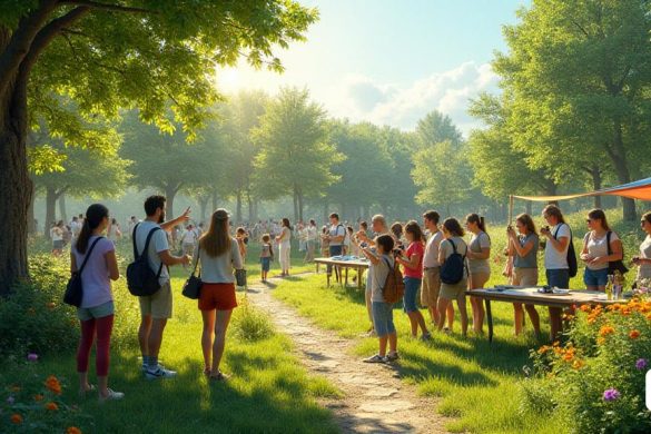 Una escena vibrante que representa el proyecto 'Renatureus' en pleno apogeo durante las actividades de primavera. La imagen captura a un grupo diverso de participantes involucrados en varias actividades al aire libre, rodeadas de exuberante vegetación y flores florecientes. En primer plano, se está llevando a cabo un 'Passejada' guiado, con una guía bien informada que señala diferentes especies de 'Arbre' a una audiencia atenta. Las familias y las personas de todas las edades se ven disfrutando del aire fresco, algunas tomando notas, mientras que otras capturan el momento con sus cámaras. En el fondo, un banner colorido que lee 'Setmana de la Natura' fluta suavemente en la brisa, simbolizando la conexión con la 'Dia Internacional de la diversitat biològica'. Cerca, un taller está en progreso en el que los participantes están aprendiendo a crear 'hoteles d’s insectos', con varios materiales establecidos en las mesas. El ambiente es animado y educativo, que encarna el espíritu de compromiso comunitario y concie