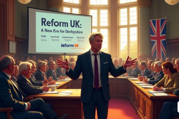 Una escena vibrante que representa la atmósfera bulliciosa de la reunión inaugural del Consejo del Condado de Derbyshire en Matlock. La sala está llena de un grupo diverso de 'residentes locales', algunos tomando notas ansiosas mientras que otros participan en discusiones animadas. A la vanguardia, Alan Graves, el nuevo líder, se encuentra con confianza en un podio, gestamente gestamente apasionadamente mientras se dirige a la audiencia. Su expresión transmite la determinación y el optimismo, que encarna el espíritu de "cambio" que promete el Partido Reforma del Reino Unido. Detrás de él, una gran pancarta lee 'Reform UK: una nueva era para Derbyshire', adornada con el logotipo del partido. La Cámara del Consejo está decorada con 'banderas' que representan el patrimonio local, y la luz solar se transmite a través de ventanas altas, iluminando las caras de los presentes. En el fondo, una pantalla muestra prioridades clave como 'dux', 'eficiencia del consejo' y 'mejoras en la carretera', enfatizando visualmente