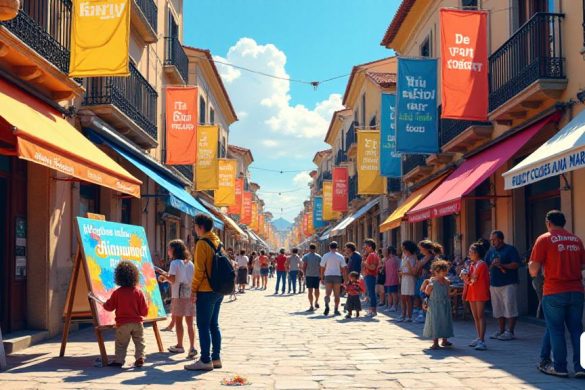 Una escena vibrante que representa la bulliciosa ciudad de 'Sant Sadurní d’Anoia' durante el lanzamiento de la campaña de dinamización comercial 'De Tots Colors: Tu Hi Pintes molt'. La imagen captura una calle animada llena de coloridos pancartas y carteles que promueven negocios locales y las iniciativas artísticas de la campaña. En primer plano, se ve a un grupo de estudiantes entusiastas de 'Institut Intermunicipal' pintando un gran mural que celebra 'compras locales' y el uso de la tarjeta de cliente 'Som Sant Sadurní'. El mural es un caleidoscopio de colores, que muestra varios estilos y elementos artísticos que reflejan el espíritu de la comunidad. Cerca, los visitantes admiran la exposición de arte con pinturas creadas por estudiantes de ESO de tercer año, que se exhiben en las ventanas de las tiendas participantes. El ambiente es festivo, con familias y niños que participan en actividades, incluido un 'carrito de maquillaje de fantasía' y un 'taller artístico' dirigido por 'Acadèmia Mediterrània d’Art