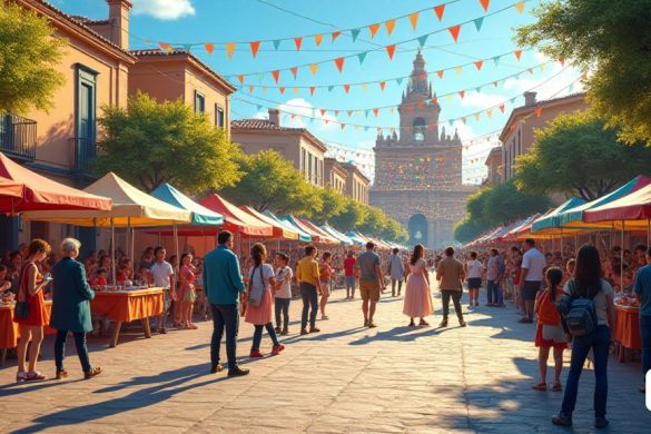 Una escena vibrante que representa la 'Festa Major de Sant Genís Dels Agudells 2025', ambientada en la animada 'Plaça de Meguidó'. La imagen captura un ambiente bullicioso lleno de coloridas decoraciones y luces festivas. En primer plano, las familias y los amigos se reúnen, disfrutando de varias actividades. Se ve a los niños jugando en un 'Espai d’Aigua', mientras que otros participan en un 'infantil berenario' con bocadillos y bebidas. Cerca, un grupo de músicos, los 'Tabalers de Montbau', actúan energéticamente, sus instrumentos brillan a la luz del sol. El fondo presenta un escenario en el que 'Rosa Alarcón' está dando un discurso, rodeada de una audiencia escuchando ansiosamente. Se establecen puestos que muestran 'Entitats' locales y un 'Mostra D’titats del Barri', con representantes de los 'Mossos d’Squadra' y 'Bombers' que se involucran con la comunidad. El ambiente está lleno de risas y emociones mientras la gente se prepara para el 'Ball de Festa Major' de la noche, con un 'residente de PD' listo p