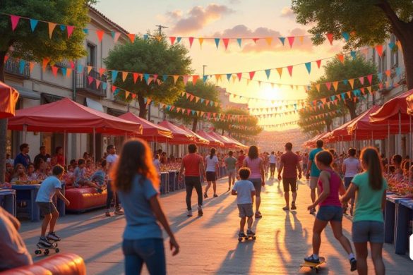 Una escena vibrante que representa la 'Festa Major Petita de Sant Isidre' en Masquefa, que muestra una calle animada llena de decoraciones coloridas y pancartas festivas que revolotean en la suave brisa de primavera. Las calles están llenas de familias y amigos, todos con expresiones alegres, mientras participan en diversas actividades. En primer plano, un grupo de niños se ríe y juega en estructuras inflables, sus caras pintadas con colores brillantes. Cerca, se está llevando a cabo una competencia de 'skate' y 'scooter', con jóvenes participantes que muestran sus habilidades en rampas y rieles, vitoreados por una multitud entusiasta. A un lado, se establece un 'Sopar de Faves' tradicional, con largas mesas adornadas con flores frescas y platos de deliciosos platos locales, incluido el icónico 'Tortell' que simboliza el festival. En el fondo, los músicos de 'La Loca Histeria' están actuando enérgicamente en un pequeño escenario, atrayendo a una multitud de asistentes al festival de baile. El ambiente está ll