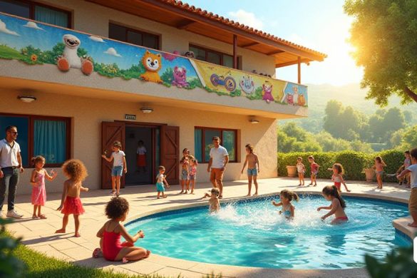 Una escena vibrante que representa las 'escuelas homs eladi' transformadas en un mundo fantástico para el 'Casal de Verano Municipal de Valls'. El edificio de la escuela está adornado con pancartas y decoraciones coloridas con 'animales fantásticos' y 'personajes mágicos'. Los niños de varias edades, desde niños pequeños hasta adolescentes, se dedican a diversas actividades. Algunos elaboran 'arte hecho a mano' con pinturas y materiales brillantes, mientras que otros salpican alegremente en una 'piscina' llena de juegos de agua. Se ve a un grupo de niños bailando a alegres 'canciones' bajo el cálido sol, rodeado de exuberante vegetación. En el fondo, los 'monitores' amigables guían a los niños, asegurando que todos estén incluidos, especialmente aquellos con 'diversidad funcional'. El ambiente está lleno de risas, emoción y una sensación de aventura, capturando la esencia del aprendizaje y la diversión durante los meses de verano. El sol lanza un brillo cálido, mejorando la sensación mágica de la escena.