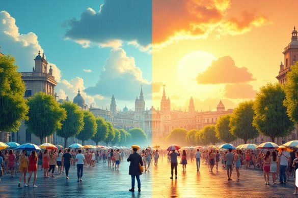 Una escena vibrante que representa un jueves 'fresco' en Barcelona, ​​caracterizado por una atmósfera 'genial' y 'húmeda'. El cielo está lleno de 'nubes' que insinúan 'lluvia', arrojando una luz suave y difusa sobre la ciudad. Se ve a las personas usando 'chaquetas de luz' y llevando 'paraguas', mientras navegan por las calles 'húmedas'. En el fondo, la icónica 'arquitectura' de Barcelona es visible, con árboles 'verdes' que se balancean suavemente en la brisa. A medida que avanza la semana, la imagen pasa a una configuración "más cálida", con el sol rompiendo las nubes, lo que indica la llegada del "verano". La temperatura se representa en ascenso, con personas que disfrutan de actividades al aire libre, usan 'pantalones cortos' y 'camisetas', y beben 'bebidas refrescantes'. La escena captura la esencia del clima cambiante, desde 'duchas' hasta la anticipación de 'noches tropicales', mientras la ciudad se prepara para el 'calor' de junio.