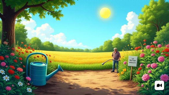 Una escena vibrante que representa un paisaje soleado en el sureste de Inglaterra, donde los efectos del clima seco son evidentes. En primer plano, un exuberante jardín verde contrasta con un parche de tierra reseca, que muestra la importancia del 'uso del agua'. Un riego puede descansar junto a una colorida variedad de flores florecientes, simbolizando el consejo de "usar latas de riego en lugar de mangueras". En el fondo, domina un cielo azul claro, con el sol brillando, insinuando la 'primavera más seca en más de un siglo'. Se puede ver un pequeño letrero en el jardín, leyendo 'Use el agua sabiamente', reforzando el mensaje de las compañías de agua. Cerca, se ve a un agricultor examinando el suelo, reflejando preocupaciones sobre los 'rendimientos reducidos' debido a las condiciones secas. La atmósfera general es de urgencia y conciencia, con toques de belleza y los desafíos planteados por la escasez de agua.
