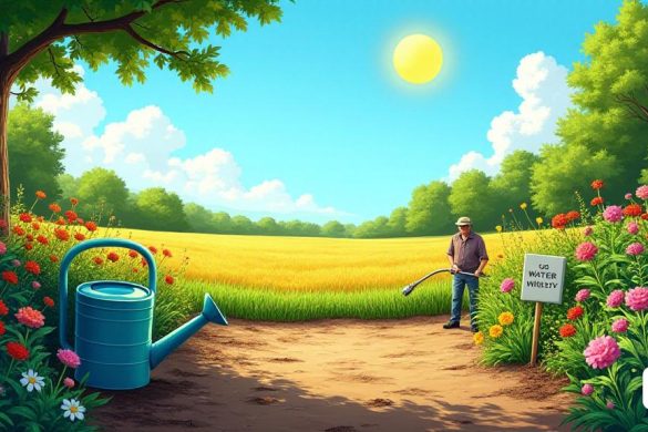 Una escena vibrante que representa un paisaje soleado en el sureste de Inglaterra, donde los efectos del clima seco son evidentes. En primer plano, un exuberante jardín verde contrasta con un parche de tierra reseca, que muestra la importancia del 'uso del agua'. Un riego puede descansar junto a una colorida variedad de flores florecientes, simbolizando el consejo de "usar latas de riego en lugar de mangueras". En el fondo, domina un cielo azul claro, con el sol brillando, insinuando la 'primavera más seca en más de un siglo'. Se puede ver un pequeño letrero en el jardín, leyendo 'Use el agua sabiamente', reforzando el mensaje de las compañías de agua. Cerca, se ve a un agricultor examinando el suelo, reflejando preocupaciones sobre los 'rendimientos reducidos' debido a las condiciones secas. La atmósfera general es de urgencia y conciencia, con toques de belleza y los desafíos planteados por la escasez de agua.