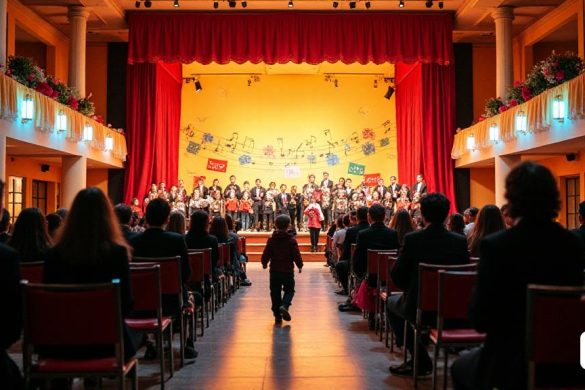 Una escena vibrante se desarrolla en el 'Casino.calaf', donde el 'Cantata Escolar: Casal de Calaf' tendrá lugar la noche del 23 de mayo de 2025 a las 17: 30h. El lugar está adornado con pancartas y decoraciones coloridas, celebrando la culminación del año escolar para el 'Escola de Música'. Las filas de sillas están dispuestas perfectamente, frente a un escenario bellamente decorado, donde los estudiantes de la 'Escola Alta Segarra' y 'Zer Vent Avall' se están preparando para su actuación. El ambiente es eléctrico, lleno de la charla de familias y amigos excitados. Los niños con atuendos inteligentes, algunos con instrumentos pequeños como violines y flautas, se mueven con anticipación. El telón de fondo presenta un gran mural pintado a mano que representa notas e instrumentos musicales, simbolizando la alegría de la música. La iluminación suave y cálida emite un brillo acogedor, mientras que el débil sonido de los ensayos de música se puede escuchar en el fondo, preparando el escenario para una noche inolvid
