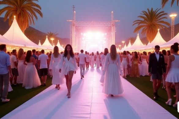 Una escena vibrante se desarrolla en el 'Nit Blanca' de DeSalia 2025, donde más de mil invitados, incluidos 'influenciadores', 'artistas' y 'creadores de contenido', vestidos elegantemente con 'blanco', desfile a lo largo de una impresionante 'alfombra blanca'. La atmósfera es eléctrica, llena de 'glamour' y 'celebración', ambientada en el contexto de una macarella transformada en Coma-Ruga. El lugar está adornado con decoraciones 'festivas', creando un ambiente cautivador. En primer plano, personalidades notables como 'Sofía Suescun', 'Illojuan' y 'Clers' se ven mezclando, sus sonrisas irradiando la alegría y la emoción. La multitud es una mezcla de 'moda', 'música' y 'experiencias únicas', que encarna la esencia de un festival de verano. El escenario está preparado para 'Abraham Mateo', el titular, que cautiva a la audiencia con una actuación memorable. La escena está viva con 'energía', mientras los asistentes disfrutan de la 'excelencia culinaria' de la región, con toques de 'delicias gastronómicas' flota