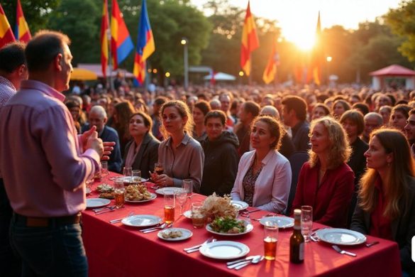 Una escena vibrante se desarrolla en el 'Parc de Can Mulà' en 'Mollet del Vallès', llena de 'militantes' y 'Simpatitzantes' del 'PSC' durante la 'IV Festa de la Rosa'. El parque está adornado con pancartas y banderas coloridas que representan la fiesta, creando un ambiente festivo. Una gran multitud, estimada en casi 500 asistentes, se reúne con las mesas preparadas para una 'cena popular', con platos llenos de delicias y bebidas locales que fluyen. En primer plano, 'Jonatan Martínez', el primer Secretario de 'PSC Vallès Oriental I Moianès', se encuentra en un podio, abordando apasionadamente a la audiencia, sus gestos animados al enfatizar la importancia de la 'democracia' y la necesidad de protegerlo de los 'Dreades'. Cerca, 'Meritxell Batet', el ex presidente del Congreso de Diputados, escucha con atención, su expresión es seria mientras reflexiona sobre la importancia de los 'derechos humanos' en el discurso político. La atmósfera está cargada de energía como 'Mireia Dionisio', la alcaldesa de Mollet del