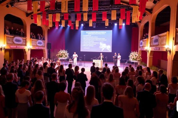 Una escena vibrante se desarrolla en el 'Teatre Can Rajoler', adornada con coloridos 'pancartas' que celebran el 'décimo aniversario' del 'Associació Protectora d’Anstons de Parets'. El ambiente está lleno de emoción cuando los asistentes se reúnen para una 'gala de solidaridad', vestida con elegante atuendo, mostrando una mezcla de 'vestidos formales' y 'trajes inteligentes'. En el escenario, un 'Spotlight' brilla en un grupo de 'músicos' que realizan melodías edificantes, mientras que una 'pantalla grande' muestra imágenes conmovedoras de 'animales rescatados' y sus 'familias adoptivas'. En una esquina, las 'exposiciones' de 'perros especializados' demuestran sus habilidades, cautivando a la audiencia. El 'alcalde', Francesc Juzgado, se encuentra en un podio, que se dirige apasionadamente a la multitud sobre la importancia del bienestar animal, mientras que 'Laura Lozano', la 'concejala de bienestar animal', asiente en acuerdo. Voluntarios, que usan 'camisetas a juego', se mezclan con los invitados, compart