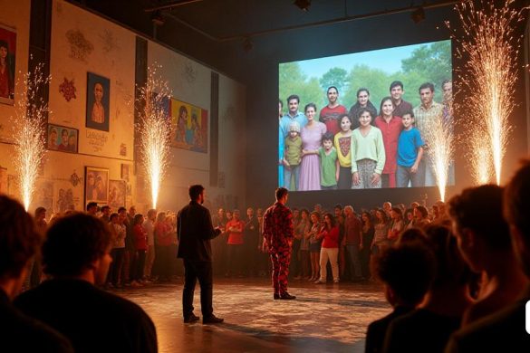 Una escena vibrante se desarrolla en la Sala Pina Bausch, donde la atmósfera es eléctrica con anticipación. El escenario está adornado con una mezcla ecléctica de 'obras de arte' que reflejan los estilos "figurativos" e "ingeniosos" de Pablo Lilienfeld, cada pieza cuenta una historia de familia y herencia. En primer plano, dos artistas, Pablo y Federico, encarnan el espíritu de la pieza, vestido con una variedad de trajes coloridos que combinan 'kitsch' con elegancia. La iluminación arroja un brillo cálido, mejorando la sensación "íntima" de la actuación. La audiencia, un grupo diverso de "espectadores", está cautivado, sus caras iluminadas por las luces blandas, lo que refleja una variedad de emociones desde la alegría hasta la contemplación. En el fondo, una pantalla grande muestra 'reproducciones' de momentos familiares nostálgicos, entrelazando el pasado con el presente. El aire está lleno de creatividad y 'celebración', mientras los artistas se involucran con la audiencia, difuminando las líneas entre 'a