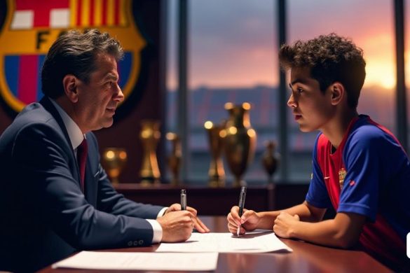 Una escena vibrante se desarrolla en la sede del FC Barcelona, ​​donde 'Joan Laporta', el carismático presidente, se ve participando en una seria discusión con 'Lamine Yamal', el joven prodigio del fútbol. La habitación está llena de los colores icónicos del club, 'azul' y 'granate', creando una atmósfera de pasión y tradición. Joan, vestida con un traje a medida, exuda autoridad y confianza, su expresión una mezcla de determinación y empatía mientras se dirige a Lamine, que está vestida con un elegante kit de entrenamiento de Barcelona, ​​simbolizando su dedicación al club. El telón de fondo presenta una gran cresta 'FC Barcelona', con orgullo que se muestra en la pared, y varios trofeos brillan bajo la iluminación suave, que representa la rica historia y los logros del club. La cara juvenil de Lamine refleja una mezcla de esperanza y ambición, sus ojos brillantes con los sueños de convertirse en un jugador clave para el equipo. Los documentos y bolígrafos se colocan estratégicamente en la mesa entre ellos,