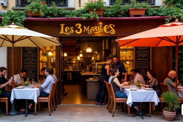Una escena vibrante y acogedora de 'Les 3 Maries', una nueva gema gastronómica ubicada en el corazón de Cambrils. El exterior del restaurante cuenta con una encantadora fachada adornada con baldosas de estilo 'mediterráneo' y exuberantes plantas verdes en cascada desde cajas de ventanas. Un letrero de madera rústico cuelga sobre la entrada, pintada elegantemente con el nombre del restaurante en una fuente juguetona pero sofisticada. La acogedora terraza está adornada con paraguas 'coloridas' que proporcionan sombra, donde los clientes están sentados en mesas 'de madera', disfrutando de sus comidas al aire libre. Las mesas están bellamente establecidas con manteles blancos crujientes, cubiertos brillantes y pequeños jarrones de 'flores' frescas, creando un ambiente cálido y acogedor. En el interior, el restaurante cuenta con una cocina abierta donde el chef Sem Oscuro, un distinguido italiano con un comportamiento apasionado, prepara expertos platos, mostrando sus habilidades culinarias. El interior está lleno