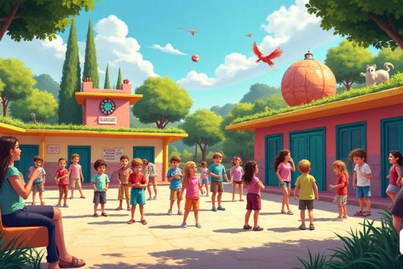 Una escena vibrante y animada que representa el 'Casal d’ Estiu Municipal de Valls' en 'Escola Eladi Homs'. La escuela se transforma en un 'mundo fantástico' lleno de 'animales extraordinarios', 'seres misteriosos' y 'personajes mágicos'. Los niños de varias edades, desde 'bebés' hasta 'adolescentes', se dedican a una variedad de actividades como 'manualidades', 'juegos de agua' y 'actividades al aire libre'. El ambiente está lleno de 'risas' y 'alegría', mientras los niños participan en 'bailes' y 'canciones', disfrutando de los meses de verano. El escenario es colorido, con decoraciones que reflejan el tema de los 'mundos de fantasía', creando un entorno acogedor e inclusivo para todos, incluidos aquellos con 'diversidad funcional'. El sol brilla intensamente, lanzando un brillo cálido sobre la escena, mientras que un grupo de 'monitores' experimentados guía a los niños, asegurando una experiencia segura y educativa. Cerca, una pancarta anuncia las fechas del programa, y ​​se puede ver a los padres interact