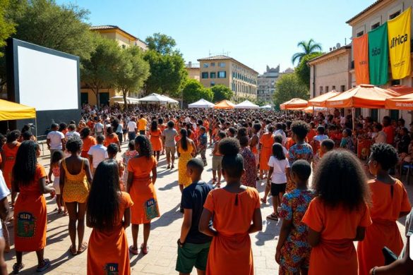 Una escena vibrante y animada se desarrolla en el Teatret y Pèrgola del Serrallo en Tarragona, donde una multitud diversa se reúne para celebrar 'Dia d’ àfrica'. El ambiente está lleno de emoción y anticipación como personas de todas las edades, vestidas con coloridos 'atuendo africano tradicional', mezclar y compartir historias. Las pancartas que muestran las palabras 'Unitat Africana' y 'Cultura d'Origen Africà' revolotean en la suave brisa, agregando un toque festivo a los alrededores. En una esquina, se configura una pantalla grande para la proyección del cortometraje 'Beutset', dirigida por Alicia Mendy, con un grupo de jóvenes espectadores esperando ansiosamente ver. Los temas de la película de 'conciencia ambiental' y 'despertar político' resuenan con la audiencia, que están cautivados por las vibrantes imágenes y la poderosa narración de historias. Cerca, representantes de varias organizaciones, como 'L’s’s Associació Indivisible' y 'Cooperació Activa', participan en discusiones animadas sobre la impo