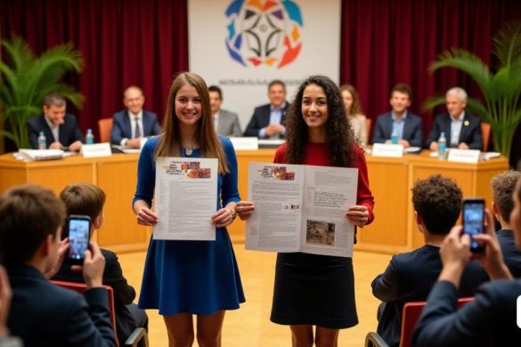 Una escena vibrante y atractiva que representa la prestigiosa ceremonia de premiación 'Premi Irla de Recerca Històrica al Batxillerat 2025'. En primer plano, dos mujeres jóvenes, 'Hel·lena Porta' y 'Anna Fortes', se paran con orgullo, cada una de sus respectivos proyectos de investigación. Hel·lena, con 'cabello castaño largo' y con un 'vestido azul inteligente', está sonriendo mientras presenta su trabajo titulado 'Conservació de la Memòria. Les Vides Perdudes de la Guerra civil '. Anna, con 'cabello negro rizado' y vestido con una 'blusa roja elegante', se encuentra a su lado, mostrando su proyecto 'Els Fets de Fígols I la Colònia Mineria de Sant Corneli'. Detrás de ellos, un panel de jueces, incluidos 'Ramon Batalla' y 'Clàudia Pujol', están sentados en una larga mesa adornada con 'libros académicos' y 'artefactos históricos', escuchando atentamente. El telón de fondo presenta una gran estandarte con el logotipo del premio, y el ambiente está lleno de emoción y anticipación. La audiencia, compuesta por 'es