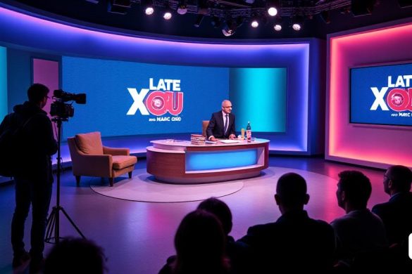 Una escena vibrante y atractiva que representa un estudio de televisión diseñado para un programa de entrevistas nocturno. El telón de fondo presenta un diseño moderno y elegante con iluminación suave y ambiental en tonos de azul y púrpura, creando una atmósfera acogedora pero dinámica. Center Stage es un elegante escritorio de anfitrión, adornado con una pequeña pila de libros y una taza de café estampada con el logotipo del espectáculo, 'Late Xou'. A la izquierda, un sillón lujoso y acogedor espera al invitado, rodeado por una pequeña mesa lateral que sostiene un vaso de agua y un micrófono. Detrás del escritorio, una pantalla grande muestra el título del programa en letras audaces y llamativas, 'Late Xou Amb Marc Giró', junto con gráficos dinámicos que insinúan los próximos segmentos. El área de la audiencia es parcialmente visible, con filas de fanáticos entusiasmados que anticipan ansiosamente el espectáculo, sus caras iluminadas por las cálidas luces del escenario. En primer plano, se coloca un equipo d