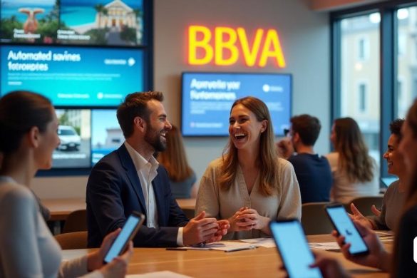 Una escena vibrante y atractiva que representa un grupo diverso de 'millones de españoles' sonriendo y celebrando en un entorno bancario brillante y moderno. El interior está lleno de 'luz natural' que se transmite a través de grandes ventanas, iluminando el logotipo 'BBVA' que se muestra prominentemente en la pared. En primer plano, un amable asesor bancario explica animadamente el concepto de 'ahorros automatizados' a una joven pareja, que asiente con la cabeza en comprensión. La pareja está rodeada de pantallas digitales que muestran 'objetivos financieros' como unas vacaciones de ensueño, un auto nuevo y un proyecto de renovación de viviendas. En el fondo, otros clientes están interactuando con la aplicación del banco en sus teléfonos inteligentes, lo que demuestra la facilidad de "gestión financiera". La atmósfera es de 'optimismo' y 'empoderamiento', que refleja el compromiso del banco con el 'bienestar financiero' y la 'educación'.
