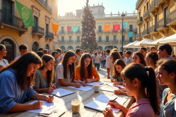 Una escena vibrante y atractiva que representa una reunión comunitaria en una histórica plaza de la ciudad, ubicada en un contexto de arquitectura tradicional valenciana. En primer plano, un grupo diverso de personas, incluidos los estudiantes y los ciudadanos locales, discuten y comparten ideas sobre el 'Concurs de Difusió de la Memòria Històrica I Democràtica'. Las pancartas coloridas cuelgan de los edificios cercanos, con las palabras 'Memòria Històrica' y 'Democràcia' en letras en negrita. Las tablas están configuradas con folletos informativos sobre el concurso, con un gran póster que muestra los premios: el 'Frover Francesc' para ensayos y obras literarias, y 'Les Rapades' para proyectos audiovisuales. La atmósfera está llena de una sensación de emoción y colaboración, ya que los participantes anotan ansiosamente notas y bocetos en sus blocs. En el fondo, una instalación de arte que representa eventos históricos desde la 'Dictadra de Primo de Rivera' hasta el 'Transició' es alto, simbolizando la expresi