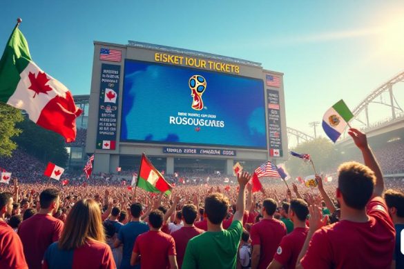 Una escena vibrante y bulliciosa que representa la emoción que rodea la próxima 'Copa Mundial de Hombres' en 2026, co-anfitrión por los 'Estados Unidos', 'Canadá' y 'México'. El primer plano presenta un grupo diverso de fanáticos entusiastas que usan camisetas coloridas de sus equipos favoritos, ondeando banderas y sosteniendo señales que decían 'Copa Mundial 2026' y '¡Obtenga sus boletos!'. En el fondo, una gran valla publicitaria digital muestra el logotipo de la FIFA junto con la información de precios dinámicos, con los precios de los boletos fluctuantes resaltados en colores brillantes. La atmósfera es eléctrica, llena de anticipación y energía, ya que los fanáticos discuten las implicaciones del nuevo "modelo de precios dinámicos" para la venta de entradas. El escenario es un entorno urbano animado, posiblemente fuera de un estadio, con puntos de referencia icónicos de cada país anfitrión integrado sutilmente en la escena, simbolizando la colaboración entre las tres naciones. El cielo es claro y azul, s