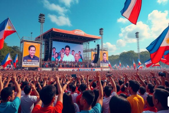 Una escena vibrante y caótica que captura la esencia de la política filipina durante las elecciones de mitad de período. El primer plano presenta una gran multitud de entusiastas seguidores que agitan coloridos 'pancartas' y 'banderas' estampadas con los nombres de sus candidatos favorecidos. El ambiente es eléctrico, lleno de 'vítores' y 'gritos' de apoyo, ya que las personas se ponen 'camisas' y 'sombrías' en los colores de sus alianzas políticas. Los 'carteles' de colores brillantes que representan al presidente Ferdinand 'Bongbong' Marcos Jr. y la vicepresidenta Sara Duterte están enlucidas en paredes cercanas, mostrando sus imágenes contrastantes. En el fondo, se establece un escenario con una gran 'pantalla' que muestra un video emocional del ex presidente Rodrigo Duterte, capturando la atención de la multitud. El escenario está adornado con 'flores' y 'luces', creando un ambiente festivo pero tenso. A un lado, un grupo de 'periodistas' con cámaras y micrófonos está capturando el drama que se desarrolla