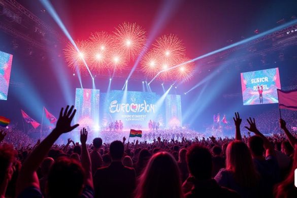 Una escena vibrante y caótica que representa el concurso de canciones de Eurovisión, ubicado en una gran arena llena de luces coloridas y una multitud entusiasta. El escenario está adornado con deslumbrantes 'pantallas' lideradas que muestran imágenes 'brillantes', mientras que los artistas vestidos con trajes extravagantes cautivan a la audiencia con sus enérgicos movimientos de baile. La atmósfera es eléctrica, con banderas de varios países que saludan con orgullo, incluida una destacada bandera de 'Rainbow' que simboliza el orgullo LGBTQ+. En primer plano, un grupo de fanáticos animan apasionadamente, algunos que contienen señales que leen 'paz para Palestina' y 'apoyan a Israel', lo que refleja la batalla ideológica que rodea el evento. El telón de fondo presenta una impresionante exhibición de 'fuegos artificiales' que ilumina el cielo nocturno, lo que se suma al ambiente festivo pero tenso. Las expresiones de la audiencia van desde la alegría hasta la tensión, capturando la complejidad de las emociones