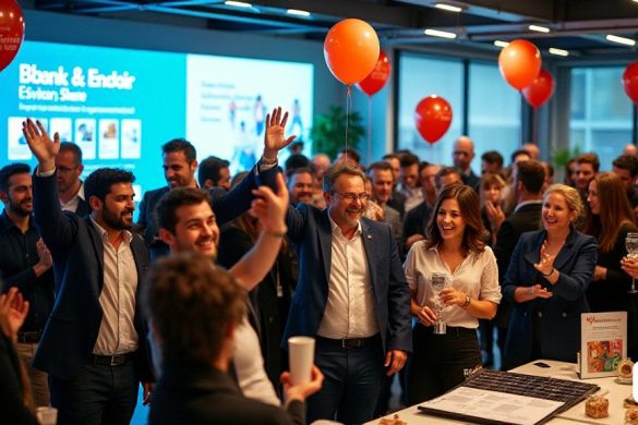 Una escena vibrante y de celebración en la sede de BBVA, llena de 'alegría' y 'emoción' mientras los empleados se reúnen para celebrar el reciente galardón del banco. La atmósfera es eléctrica, con 'globos' y 'pancartas' que muestran las palabras 'Mejor banco en España' y 'Premio de innovación' de manera prominente. Los empleados son vistos sonriendo y participando en conversaciones animadas, algunos que tienen 'trofeos' y 'certificados' que significan el reconocimiento del banco por parte del banquero. En el fondo, una pantalla grande muestra una presentación que destaca los logros de BBVA en 'digitalización', 'sostenibilidad' y 'servicio al cliente'. La oficina está decorada con 'vegetación' que simboliza el compromiso del banco con la 'sostenibilidad', mientras que un grupo de empleados se reúne alrededor de una mesa que muestra 'paneles solares' y proyectos de 'energía renovable', enfatizando los esfuerzos del banco para reducir las huellas de carbono. El estado de ánimo general es de orgullo y optimismo,