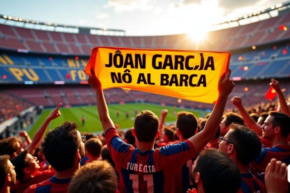 Una escena vibrante y dinámica dentro del 'Camp Nou', hogar del FC Barcelona, ​​lleno de fanáticos entusiasmados que celebran una decisión significativa en el mundo del fútbol. El estadio está inundado de los icónicos colores de 'Blaugrana', con banderas saludando y seguidores con camisetas estampadas con los nombres de sus jugadores favoritos. En primer plano, un grupo de fanáticos jubilosos, algunos con caras pintadas, están sosteniendo una gran pancarta que dice 'Joan García No Al Barça', simbolizando sus emociones mixtas sobre la decisión del joven portero. La atmósfera es eléctrica, con confeti que cae de las gradas y los sonidos de los vítores y los cantos que resonan en todo el estadio. En el fondo, el 'túnel de los jugadores' es visible, con sombras de jugadores que se preparan para el próximo partido, lo que se suma a la anticipación de los fanáticos. El sol se está poniendo, lanzando un cálido brillo dorado sobre la escena, mejorando la intensidad emocional del momento.