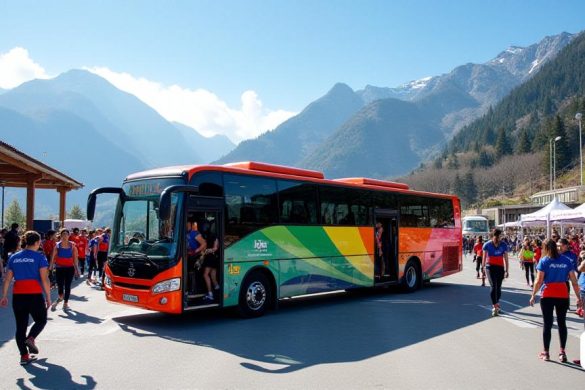 Una escena vibrante y dinámica que captura la esencia de la vigésima edición de 'Jocs dels Petits Estats d’Edopa' en Andorra. En primer plano, un elegante y moderno 'autobús' pintado en colores brillantes que representan las seis líneas de transporte ('vermella ',' rosa ',' taronja ',' verda ',' groga 'y' blava ') está estacionado en un bullicioso' centro de transporte '. Los atletas en ropa deportiva colorida, que representan a varias naciones, se ven abordando el autobús con emoción, sus caras llenas de anticipación. En el fondo, las impresionantes montañas Andorran se elevan majestuosamente, parcialmente envueltas en la niebla, mientras que un cielo azul claro proporciona un telón de fondo perfecto. El área está viva con actividad, con voluntarios en uniformes 'Hife' que ayudan a los participantes y dirigen el tráfico. Cerca, un tablero de visualización digital muestra 'horarios de autobuses' y 'mapas de ruta', asegurando una conectividad sin problemas entre 'alojamientos de hotel', 'instalaciones deportiv