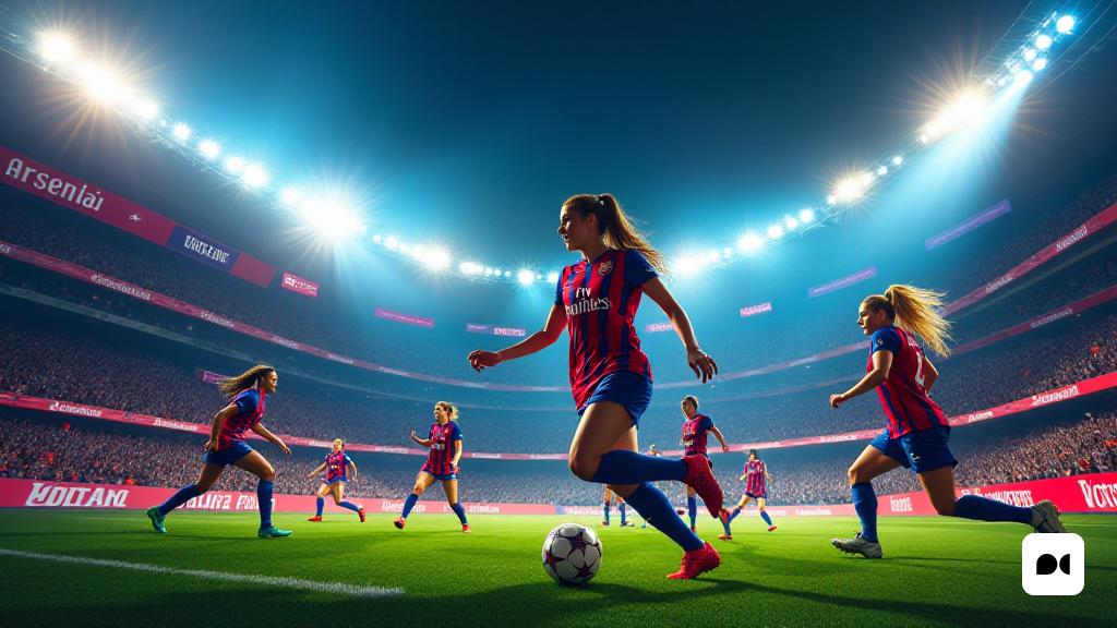 Una escena vibrante y dinámica que captura la esencia de un partido de fútbol de alto riesgo entre 'Arsenal' y 'Barcelona'. El estadio está repleto de fanáticos entusiastas, sus caras pintadas en los respectivos colores de 'rojo' y 'azul', creando un mar de color que refleja su inquebrantable apoyo. Los jugadores están en acción en el campo, con 'Aitana Bonmatí' driblando hábilmente la pelota, mostrando su agilidad y precisión. En el fondo, las icónicas luces del estadio iluminan el campo, lanzando un brillo dramático sobre los jugadores. La atmósfera es eléctrica, con pancartas que saludan y la multitud estalló en vítores, encarnando la pasión e intensidad del "fútbol femenino de los hombres" y el "fútbol femenino". El marcador muestra un marcador tenso, aumentando la anticipación del partido. Esta imagen encapsula la combinación de 'prestigio', 'rendimiento' y 'emoción' que define la rivalidad entre estos dos clubes históricos.