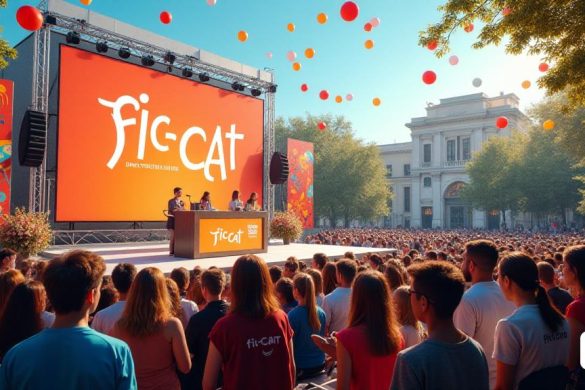 Una escena vibrante y dinámica que captura la esencia del 'fic-cat', el festival Internacional de cine en Català. El primer plano presenta una pancarta grande y elegantemente diseñada con el logotipo del festival que se exhibe prominentemente, rodeado de decoraciones coloridas que reflejan la rica cultura de Cataluña. En el fondo, se reúne una multitud diversa de entusiastas amantes del cine, algunos con palomitas de maíz y bebidas, esperando ansiosamente el anuncio del 'Premi Montserrat Carulla 2025' y 'Premi Honorífic 2025'. Entre ellos, un grupo de jóvenes estudiantes discute animadamente el impacto del cine en 'Català', sus expresiones llenas de emoción y curiosidad. A un lado, un escenario está configurado con un elegante podio, adornado con flores y un telón de fondo que muestra escenas icónicas del cine catalán, enfatizando la importancia de 'Normalitzar' el idioma en la industria del cine. La atmósfera es eléctrica, llena de anticipación, ya que los asistentes usan insignias que leen 'Fic-Cat 2025', q