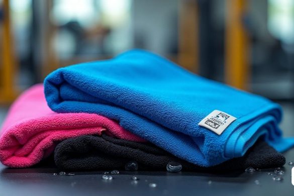 Una escena vibrante y dinámica que muestra una 'toalla de microfibra' de Lidl, que mide aproximadamente '80 x 60 centímetros '. La toalla se muestra en tres colores distintos: 'azul', 'rosa' y 'negro', cada una doblada cuidadosamente para resaltar su naturaleza 'compacta' y 'liviana'. El fondo presenta un entorno de gimnasio, con equipos de fitness sutilmente borrosos para enfatizar la practicidad de la toalla para los "entusiastas del deporte". La textura de la toalla se representa como suave y absorbente, con gotas de agua que ilustran sus capacidades de "alta absorción". Una pequeña etiqueta en la toalla indica su aspecto ecológico, hecho de 'materiales reciclados', reforzando su atractivo sostenible. La composición general transmite un sentido de 'comodidad', 'funcionalidad' y 'estilo', invitando a los espectadores a considerarlo como un accesorio esencial para los entrenamientos y las actividades de ocio.