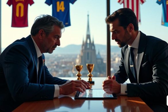 Una escena vibrante y dinámica que representa a Joan Laporta, el presidente del FC Barcelona, ​​en una oficina moderna, se involucró en una conversación seria con Jorge Mendes, un destacado agente de fútbol. La oficina está adornada con los recuerdos del FC Barcelona, ​​incluidas camisetas y trofeos, que reflejan la rica historia del club. LaPorta, vestida con un traje de marina a medida con un sutil pin de cresta del Barça, tiene una expresión enfocada mientras se da un gesto hacia una tableta digital que muestra las estadísticas de los jugadores. Mendes, con un elegante traje negro, se inclina hacia adelante con un comportamiento atento, con las manos apretadas, lo que indica su interés en la discusión. En el fondo, una gran ventana revela una vista panorámica de la bulliciosa ciudad de Barcelona, ​​con la icónica Sagrada Familia visible en la distancia. La atmósfera está acusada de anticipación, simbolizando la posible transferencia de Rafael Leao, la estrella portuguesa de AC Milan, ya que ambos hombres s