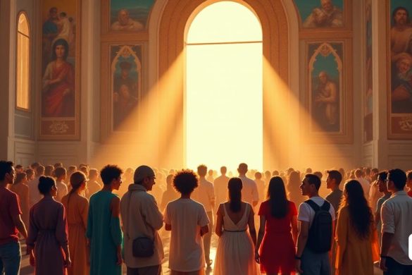Una escena vibrante y dinámica que representa la esencia de 'L’Església Poble de Déu' y 'L’Església en Sortida'. En primer plano, un grupo diverso de personas que representan diversas culturas y antecedentes se unen, simbolizando el 'Poble de Déu'. Están comprometidos en una discusión animada, con expresiones de alegría y determinación en sus rostros, que encarna el espíritu de comunidad y fe. Detrás de ellos, una iglesia grande y abierta con sus puertas abiertas invita a todos, ilustrando el concepto de una 'Església en sortida'. La luz solar se produce a través de las ventanas, lanzando rayos cálidos y dorados que iluminan el espacio, creando una atmósfera de esperanza e inclusión. En el fondo, las imágenes de los marginados, como los pobres y los migrantes, se representan en un mural, lo que recuerda a los espectadores la misión de la Iglesia de llegar a los necesitados. La paleta de colores general es cálida y acogedora, con ricos tonos de tierra y acentos vibrantes, reflejando la riqueza cultural y el ll
