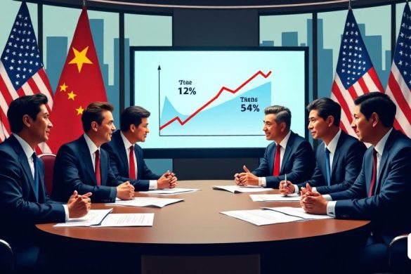 Una escena vibrante y dinámica que representa un ambiente bullicioso de 'negociación comercial'. En primer plano, una mesa redonda está rodeada de representantes de 'Estados Unidos' y 'China', involucrados en una discusión seria. Los delegados estadounidenses, vestidos con "trajes comerciales" afilados, escuchan intensamente a sus homólogos de China, que están vestidos con "trajes" tradicionales con un giro moderno. La sala está adornada con banderas de ambas naciones, simbolizando la importancia de sus relaciones diplomáticas. Las ventanas grandes proporcionan una vista de un 'paisaje urbano' con rascacielos, insinuando las potencias económicas de ambas naciones. En la tabla, se extienden documentos y gráficos, ilustrando 'tasas arancelas' y 'acuerdos comerciales'. En el fondo, una pantalla grande muestra un gráfico que muestra una tendencia a la baja en 'aranceles', enfatizando la reciente decisión de reducir los aranceles de '120%' a '54%'. La atmósfera es tensa pero esperanzadora, lo que refleja la natura