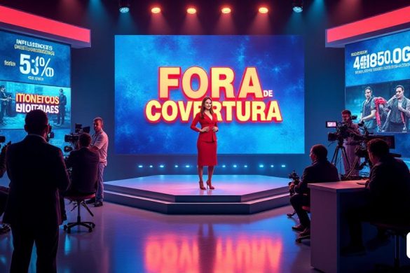 Una escena vibrante y dinámica que representa un bullicioso estudio de televisión, donde Alejandra Andrade se encuentra con confianza frente a una pantalla grande que muestra el título 'Fora de Cobertura' en letras audaces y llamativas. El fondo está lleno de luces y cámaras brillantes que capturan la acción, creando una atmósfera de emoción y anticipación. Alejandra, vestida con un atuendo elegante pero profesional, exuda carisma mientras se involucra con la audiencia. En la pantalla detrás de ella, los fragmentos de episodios anteriores pasan, mostrando varios temas convincentes como 'Nova York', 'Influencers' y 'Secta mexicanos'. El estudio está adornado con muebles modernos y tecnología elegante, lo que refleja la naturaleza de vanguardia del programa. En una esquina, una pantalla digital muestra estadísticas impresionantes, como un '5,3% compartido' y '493,000 espectadores', destacando el éxito del programa. El ambiente general es animado, lleno de un sentido de propósito y compromiso con el periodismo d