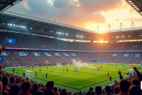 Una escena vibrante y dinámica que representa un día de fútbol de la Premier League en un estadio lleno. Las stands están llenas de fanáticos entusiastas que usan los colores de sus respectivos equipos, ondeando banderas y pancartas que leen 'Champions League' y 'We Believe'. La atmósfera es eléctrica, con los fanáticos cantando y cantando al unísono, creando un mar de energía. En el campo, los jugadores de Manchester City, Newcastle, Chelsea, Aston Villa y Nottingham Forest se dedican a un intenso partido, mostrando sus habilidades y determinación. Los jugadores están en acción, con las camisetas azules de Manchester City que contrastan con las rayas en blanco y negro de Newcastle. El árbitro se ve en primer plano, soplando el silbato, mientras que el marcador en el fondo muestra el puntaje actual. El sol se está poniendo, lanzando un cálido tono dorado sobre la escena, destacando la emoción y la anticipación del partido crucial que podría determinar las calificaciones de la Liga de Campeones. La imagen capt