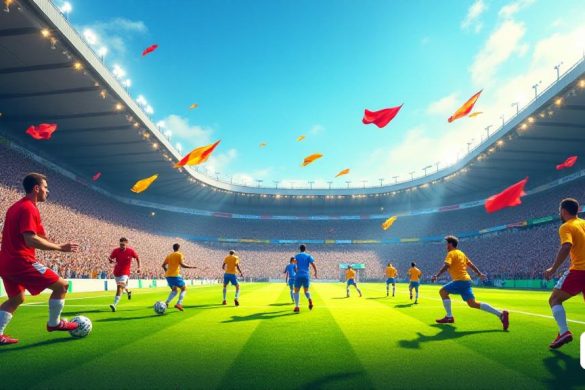 Una escena vibrante y dinámica que representa un evento de 'Liga Deportiva', donde los equipos se dedican a una feroz competencia en un exuberante campo verde. La atmósfera es eléctrica, llena de entusiastas 'fanáticos' con coloridos 'camisetas de equipo' y ondeando 'banderas' en apoyo de sus equipos favoritos. En primer plano, los jugadores son capturados en acción, mostrando su atletismo mientras corren, pasan y estrategan en el campo. El fondo presenta un 'estadio' lleno con pancartas y letreros, creando un sentido de unidad entre los espectadores. Arriba, un cielo azul claro contrasta con los colores vivos de los equipos, simbolizando el espíritu competitivo de la 'liga'. La imagen encapsula la esencia de 'competencia' y 'unidad', destacando el significado dual de la palabra 'lliga' como una 'unión' y una 'batalla' para la victoria.