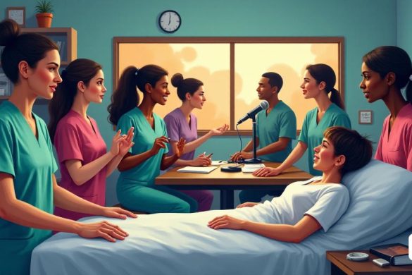 Una escena vibrante y dinámica que representa un grupo diverso de 'enfermeras' en varios entornos, mostrando sus roles multifacéticos. En primer plano, una 'enfermera femenina' en los matorrales está atendiendo suavemente a un paciente en una cama de hospital, ilustrando el aspecto de 'atención' de su profesión. A su lado, una 'enfermera masculina' se dedica a una animada discusión con un grupo de 'estudiantes' en un salón de clases, destacando su papel en la 'educación'. En el fondo, se ve a una 'enfermera' brindando apoyo a un soldado en un campo de batalla, simbolizando su presencia en contextos de 'guerra'. La escena se realiza a un acogedor estudio de podcast donde 'Raquel Borrell' y 'Amaranta Fuenmayor' están grabando un episodio de 'Khurasana', rodeado de micrófonos y equipos de sonido, capturando su defensa para la profesión de enfermería. La atmósfera general está llena de calidez y compasión, con una iluminación suave que mejora la conexión emocional entre las enfermeras y sus pacientes. La imagen e