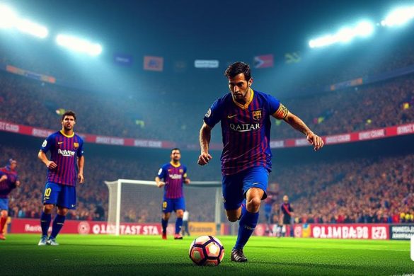 Una escena vibrante y dinámica que representa un partido de fútbol en el icónico estadio Camp Nou, lleno de apasionados fanáticos con camisetas 'Barça', ondeando banderas y creando un mar de colores azul y granate. La atmósfera es eléctrica, con luces de estadio brillantes que iluminan el tono. En primer plano, se ve a un determinado 'Fermín López' driblando la pelota hábilmente, mostrando su agilidad y enfoque. Su expresión refleja la intensidad y el compromiso, encarnando el espíritu de un jugador que es crucial para la estrategia del equipo. En el fondo, el cuerpo técnico, incluidos 'Xavi Hernández' y 'Hansi Flick', se dedican a discusiones animadas, analizando el juego. Las stands están llenas de seguidores, algunos que contienen pancartas que leen 'Fermín, ¡quédate con nosotros!' y '¡VISCA EL BARça!', Destacando el deseo de los fanáticos de que permanezca con el club. El marcador muestra un partido cerrado, lo que se suma a la tensión y la emoción del momento.
